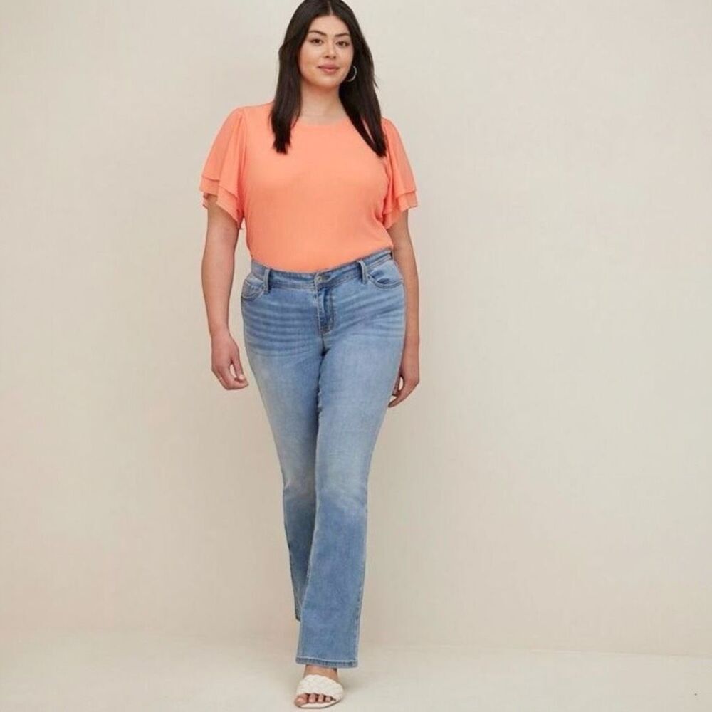 TorridâStretch Mesh & Challis Coral Crew Neck Flutter Sleeve Top Sz 1X - Picture 2 of 11